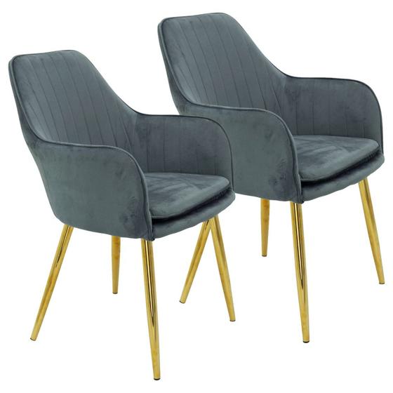 Imagem de Kit 2 Cadeiras Poltrona Lines Base Dourada Recepção Sala Decorativa Suede - Cinza