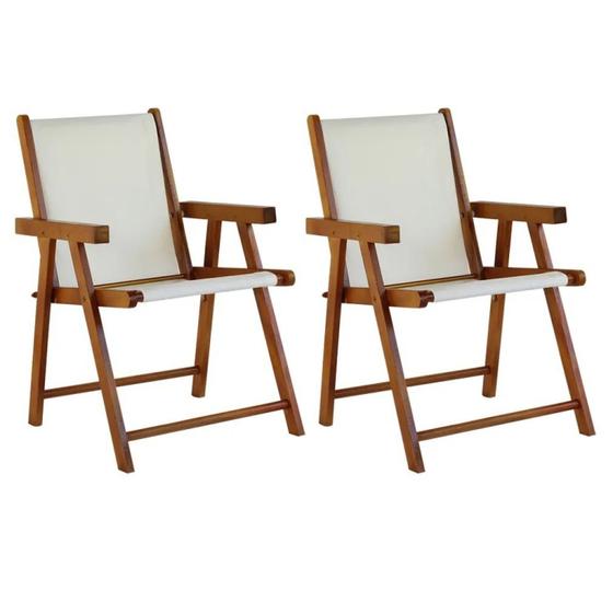Imagem de Kit 2 Cadeiras Praia Dobrável em Madeira Maciça Envernizada com Tecido Branco