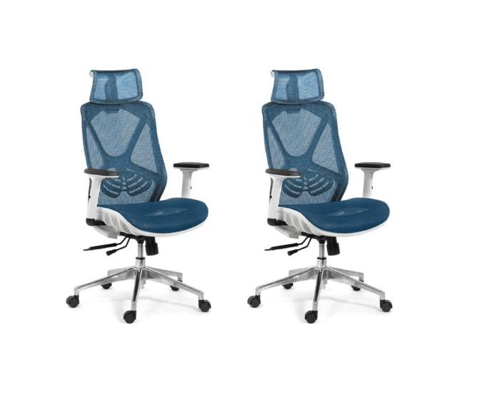 Imagem de Kit 2 Cadeiras Sala de Reunião Tela Mesh Ergonômico Cor Azul e Branco Base Giratória Cromada