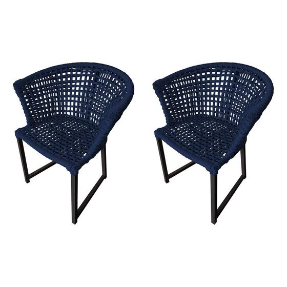 Imagem de Kit 2 Cadeiras Salinas Corda Náutica Base em Alumínio Preto/azul Marinho