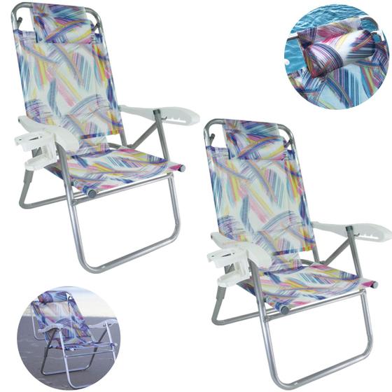 Imagem de Kit 2 Cadeiras Up Line Aquarela Reclinável 5 Posições Alumínio Com Almofada Porta Copos Praia Camping - Zaka 
