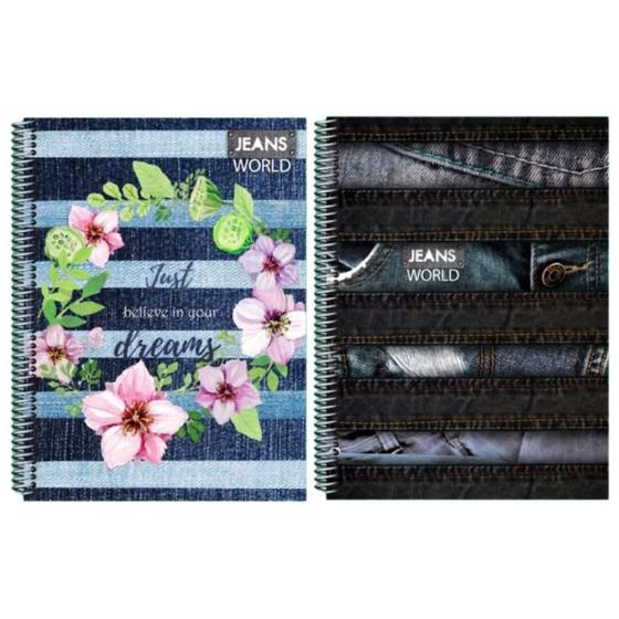 Imagem de Kit 2 Cadernos Jeans Escolar 200 Folhas Arame Capa Dura