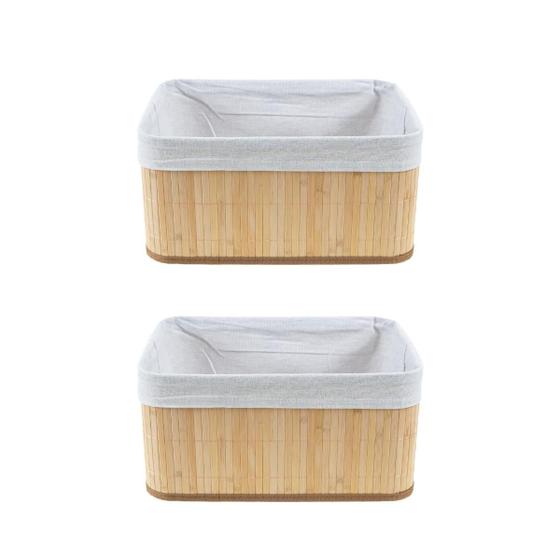 Imagem de Kit 2 Caixa Cesto Retangular Bambu com Tecido Linho 32 x 22cm Organização Casa Premium