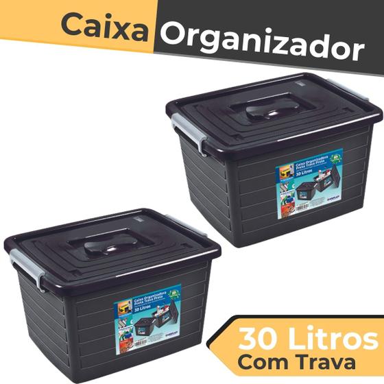 Imagem de Kit 2 Caixa Organizadora Com Trava e Tampa Preta 30 Litros- Arqplast