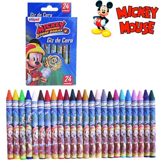 Kit 2 caixas de giz de cera com 24 cores revestidos e personalizados mickey Menor preço em Kit 2 caixas de giz de cera com 24 cores revestidos e personalizados mickey
