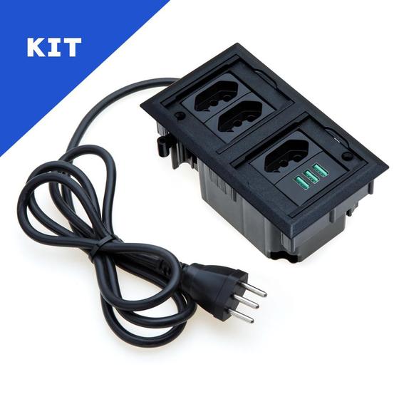 Imagem de Kit 2 Caixas De Tomadas 4 Blocos Com 3 Tomadas 20A 3USB 5.2A
