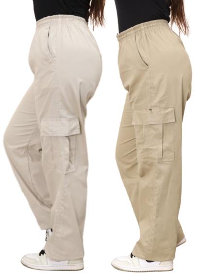 Imagem de Kit 2 Calça Cargo Feminina Sarja Wide Leg Cintura Alta com Elástico