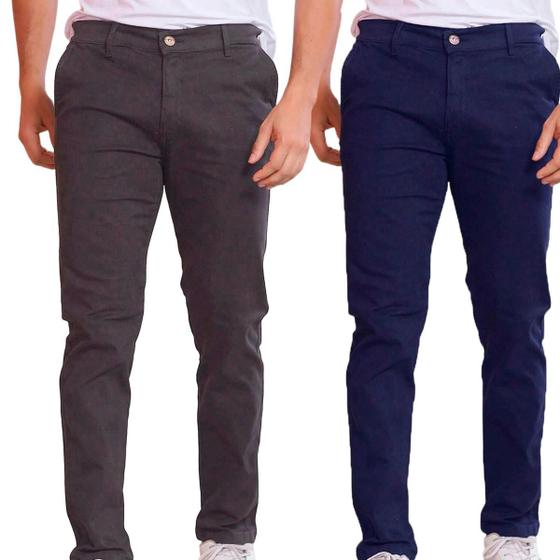 Imagem de Kit 2 Calça de Sarja Chumbo e Azul-Marinho  Corte Alfaiataria Masculina Slim Fit com Lycra Bolso Embutido Social Casual