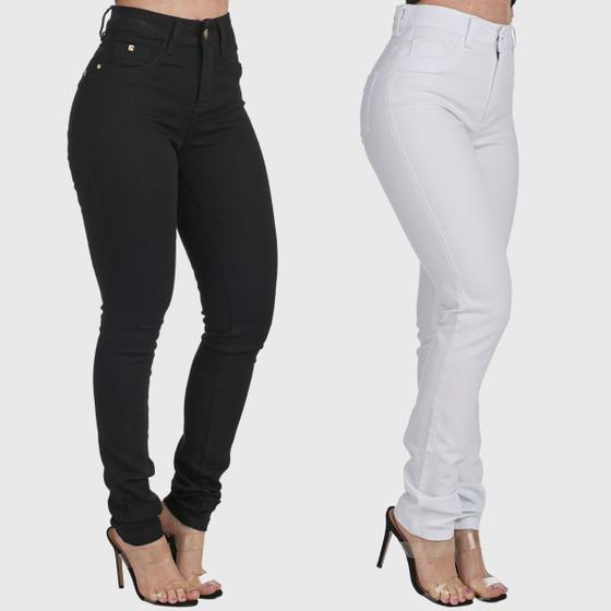 Imagem de Kit 2 Calças Feminina HNO Jeans Skinny Black White Preta e Branca