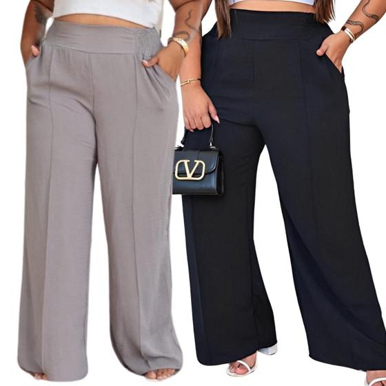 Imagem de Kit 2 Calças Feminina Pantalona Plus Size Duna Elegante Em Elasticidade Na Cintura Com Bolsos