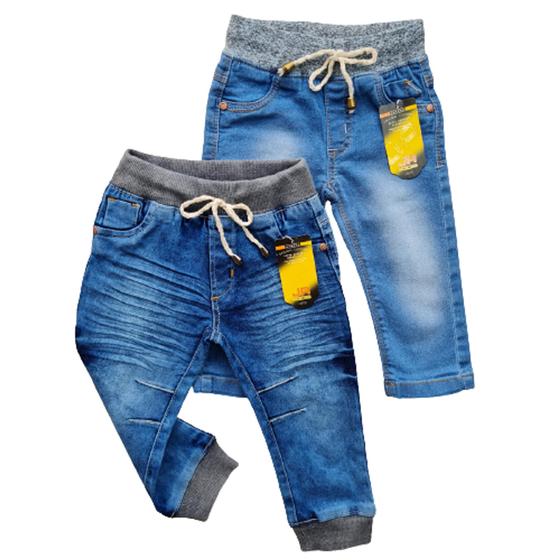 Imagem de kit 2 calças jeans bebe masculina com elastano Tam P M G.