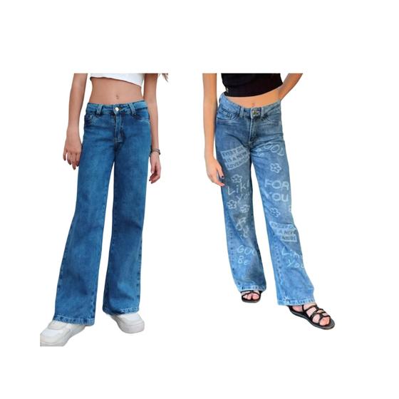 Imagem de Kit 2 Calças Jeans Feminina Infantil Juvenil Pantalona Wide Leg (6236-6226)