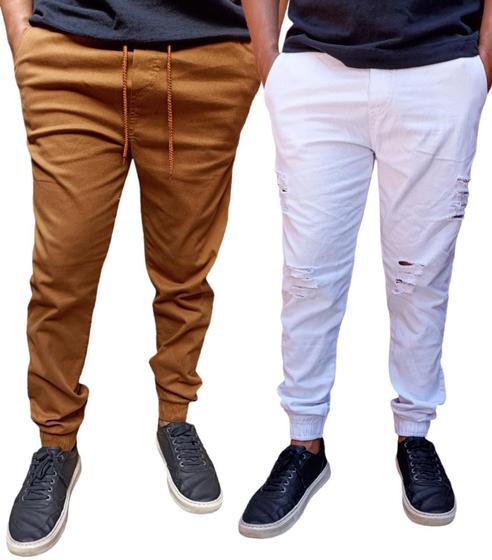 Imagem de Kit 2 calças jogger masculino sarja e jeans com elastano produto a pronta entrega