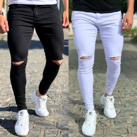 Imagem de Kit 2 Calças Masculinas Jeans Skinny De Lycra Rasgado Slim