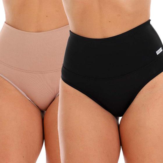 Imagem de Kit 2 Calcinha Cinta Fristyle Microfibra Preto Bege Cós Alto Modeladora