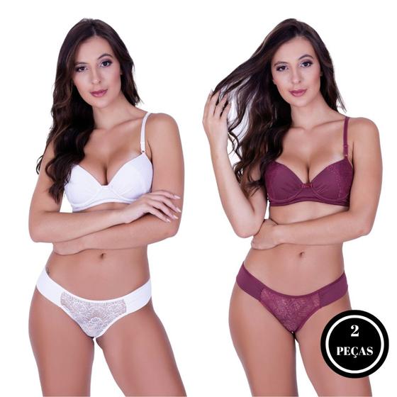 Imagem de Kit 2 Calcinha e Sutiã Conjunto  com bojo- KIT 2 CONJUNTO GISELE BRANCO VINHO