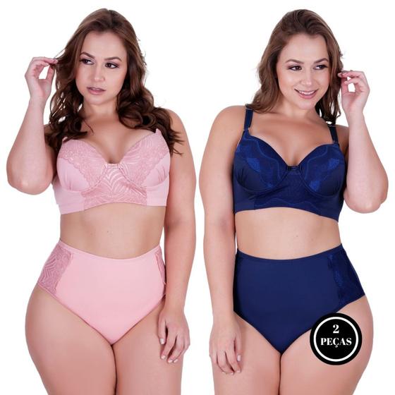 Imagem de Kit 2 calcinha e sutiã plus size conjunto plus reforçado- c15 KIT 2 CONJUNTO CAROLINA ROSA E MARINHO