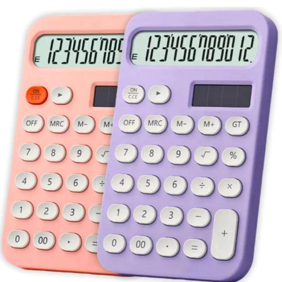 Imagem de Kit 2 calculadoras 12 digitos rosa/ lilás compacta Dexin KK-968 solar bateria mesa balcão escritório