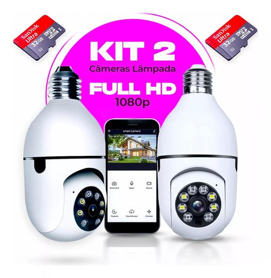 Imagem de Kit 2 Camera Lampada Segurança Wifi + Cartão De Memória 32gb