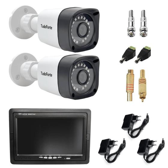 Imagem de Kit 2 Câmeras Bullet Tudo Forte TF 2020 B Full HD 1080p Visão Noturna 20M Proteção IP66 + Tela Monitor 7 polegadas LCD Colorido + Acessórios