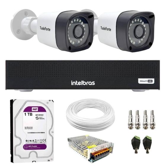 Imagem de Kit 2 Câmeras de Segurança Full HD 1080p 2MP Bullet 20 Metros Infravermelho Tudo Forte + Gravador Digital de vídeo Intelbras MHDX 1104-C + HD 1TB