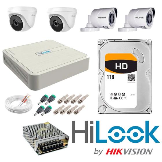 Imagem de Kit 2 Câmeras Dome  2 Câmeras Bullet  Hikivison 720p - DVR 4 Canais + HD 1TB - Cabo Coaxial 100mts - Fonte Chaveada -Conector Borne