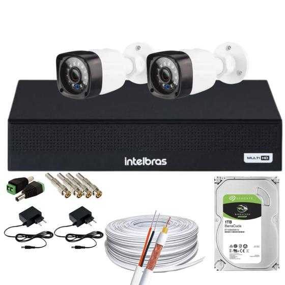 Imagem de Kit 2 Câmeras Full HD 1080p + DVR Intelbras MHDX 3004-C c/HD 1TB + Acessórios