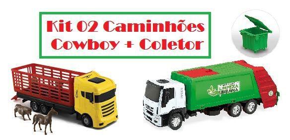 Imagem de Kit 2 Caminhões De Brinquedo - Caminhão Coletor De Lixo Iveco Reciclagem + Cowboy Truck Boiadeiro