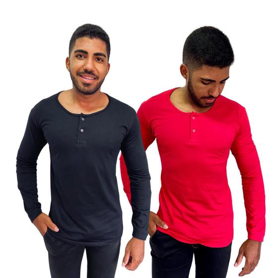 Imagem de Kit 2 Camisa Henley Masculina Slim Manga Longa 100% Algodão Linha Premium Gola Portuguesa Fio 30.1