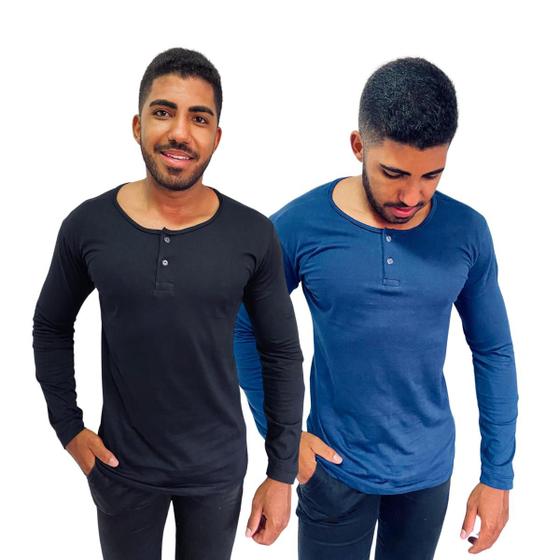 Imagem de Kit 2 Camisa Henley Masculina Slim Manga Longa 100% Algodão Linha Premium Gola Portuguesa Fio 30.1