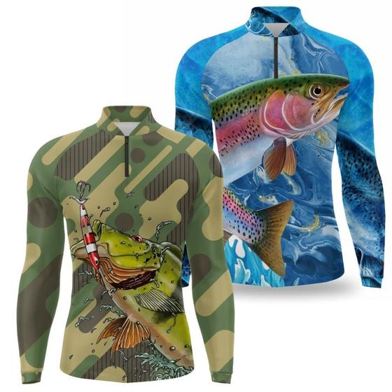 Imagem de Kit 2 Camisa pesca Manga longa protecao solar uv 50 Camiseta de pescaria com secagem rapida