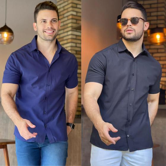 Imagem de Kit 2 Camisa Social Masculina Manga Curta De Botão Slim Linha Premium Casual Lisa Não Amassa Envio Imediato Moda Premium