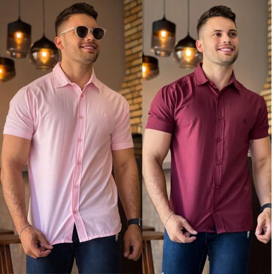 Imagem de Kit 2 Camisa Social Masculina Manga Curta De Botão Slim Linha Premium Casual Lisa Não Amassa Envio Imediato Moda Premium