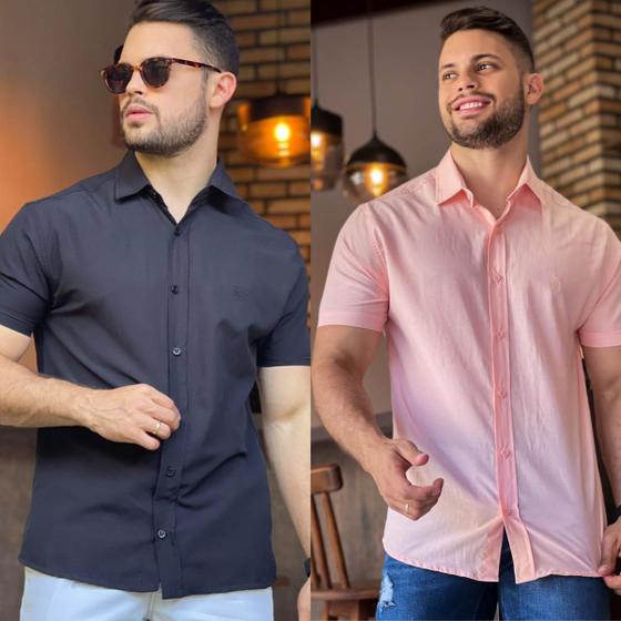 Imagem de Kit 2 Camisa Social Masculina Manga Curta De Botão Slim Linha Premium Casual Lisa Não Amassa Envio Imediato Moda Premium