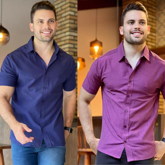 Imagem de Kit 2 Camisa Social Masculina Manga Curta De Botão Slim Linha Premium Casual Lisa Não Amassa Envio Imediato Moda Premium