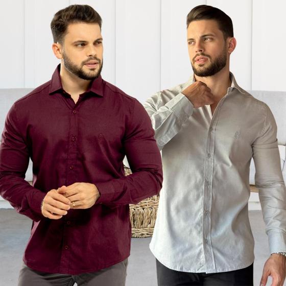 Imagem de Kit 2 Camisas Masculina Linho Social Gola Colarinho Italiano Manga Longa Não Amassa Lisa Casual  Linha Premium