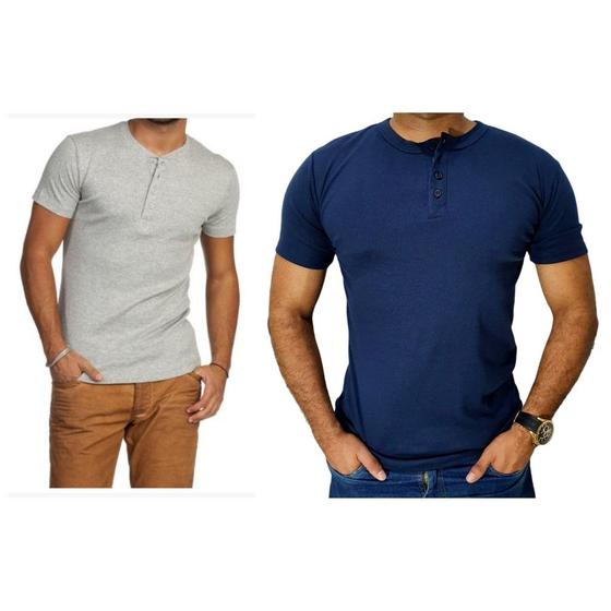 Imagem de Kit 2 Camiseta Henley Canelado Masculina 4 Botões Slim M Curta