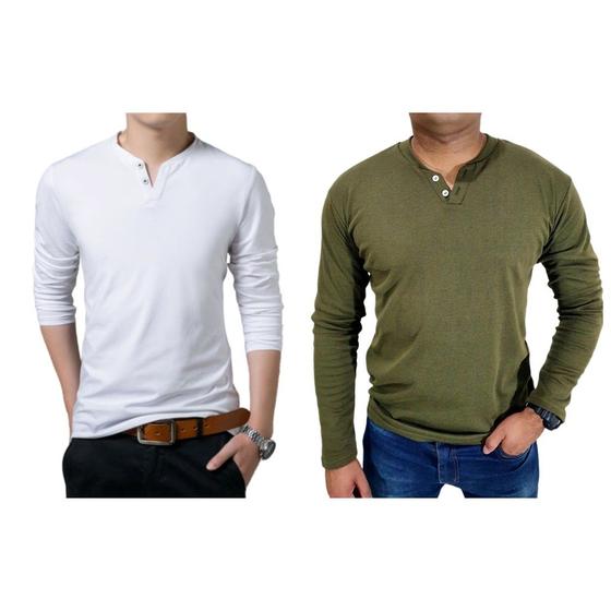 Imagem de Kit 2 Camiseta Henley Masculina Slim Fit 2 Botões Algodão Canelado