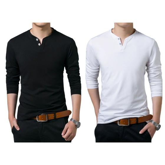 Imagem de Kit 2 Camiseta Henley Masculina Slim Fit 2 Botões Algodão Canelado