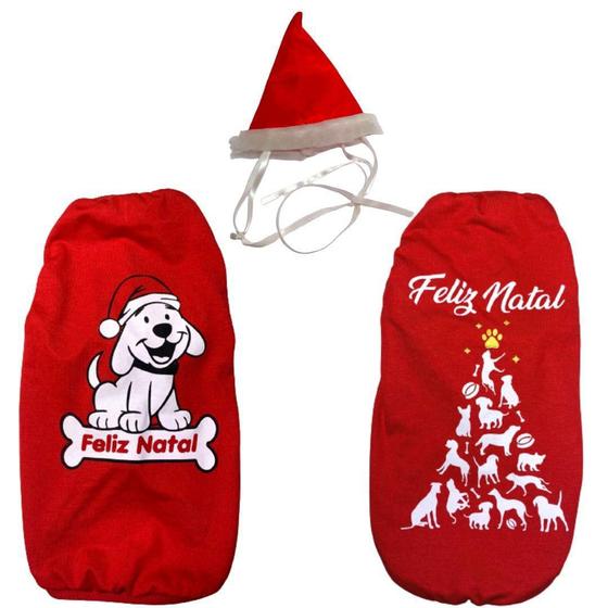 Imagem de Kit 2 Camisetas E 1 Gorrinho De Natal Para Cães E Gatos M