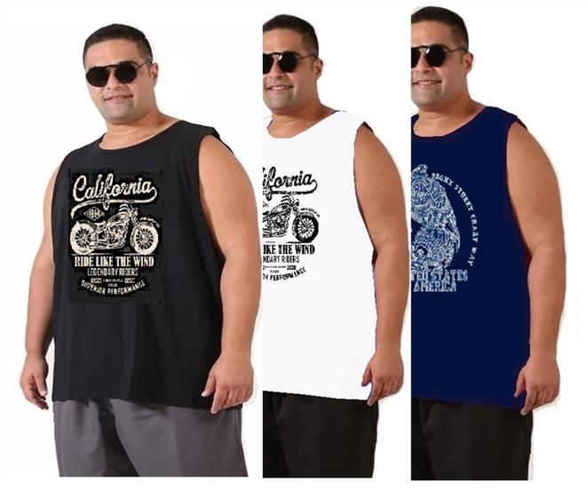 Imagem de Kit 2 CAMISETAS REGATAS PLUS SIZE LIsas ou Estampadas 100% Algodão Básica Gola Redonda Extra Grande