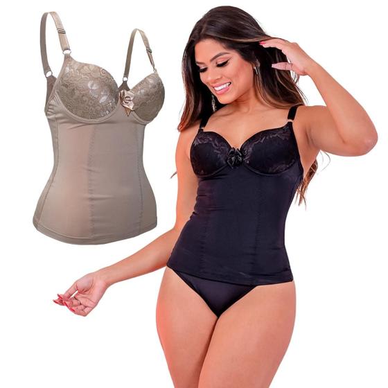 Imagem de Kit 2 camisete sinta modeladora feminina corpete corselet redutora de cintura de medida abdominal reforçada com bojo ata