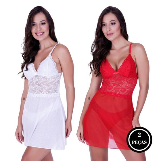 Imagem de Kit 2 Camisola Calcinha Bella da Serra sem Bojo Transparente-c4 KIT2 CAMISOLA JOANA BRANCO VERMELHO