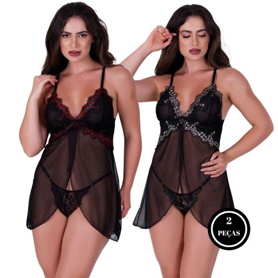 Imagem de Kit 2 Camisola com Calcinha sem Bojo Tule Bicolor - c6 KIT 2 OLÍVIA VERMELHO DOURADO