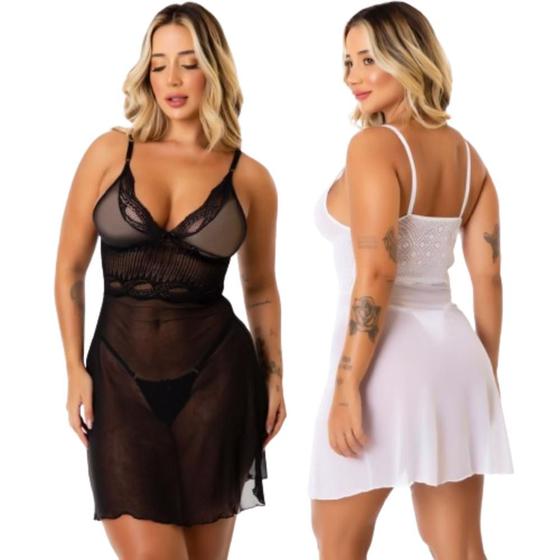 Imagem de Kit 2 Camisola De Tule Feminina Lingerie Transparente Íntimo Conforto Linha Noite Sexy Sensual