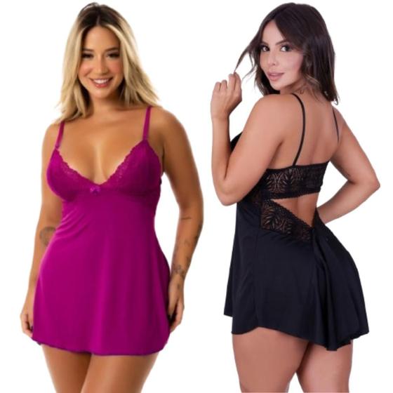Imagem de Kit 2 Camisola Feminina Decote Nas Costas Sensual Com Renda Sem Bojo Linha Noite Alças Ajustáveis