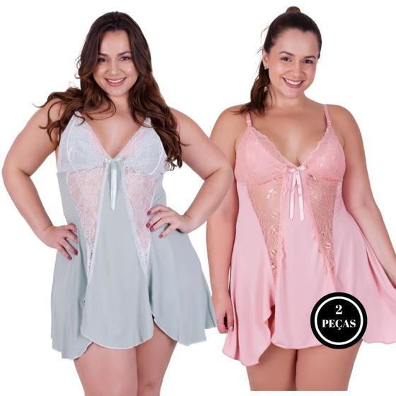 Imagem de Kit 2 Camisola Plus Size Detalhe Renda - KIT 2 BIA VERDE ROSA