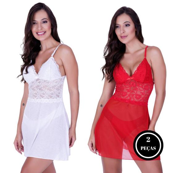 Imagem de Kit 2 Camisola Sem Bojo com Calcinha de Tule Transparente - c4 KIT 2 JOANA BRANCO E VERMELHO