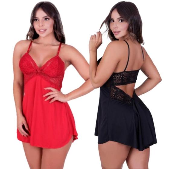 Imagem de Kit 2 Camisola Sensual Com Renda E Alças Ajustáveis Decote Nas Costas Pijama Linha Noite