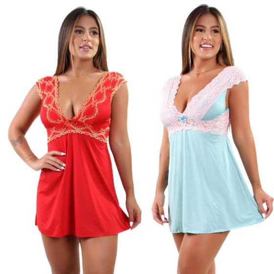 Imagem de KIt 2 Camisola Sensual Renda Luxo Lua De Mel Noiva Feminina